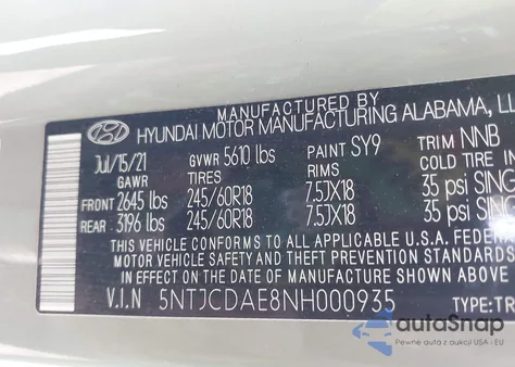2022 Hyundai Santa Cruz Sel from USA, damaged, VIN 5NTJCDAE8NH000935